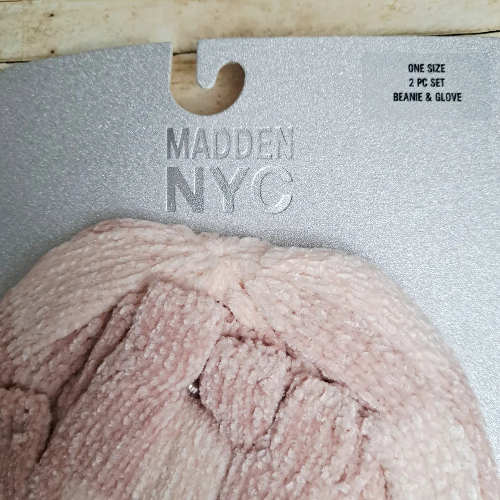 Madden NYC Pink 2 Piece Checker Beanie and Gloved Set One Size Fit Most